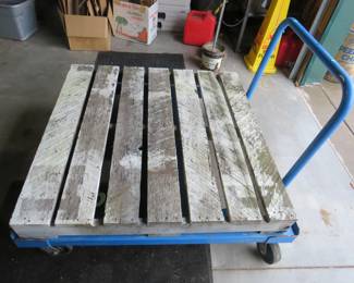 Lot 352. 49" x 51" heavy-duty push art with removable handle and swivel wheels. Pallet included.