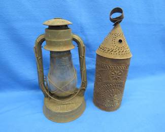 Lot 49. Dietz No.2 Oil Lantern and Antique Punched Tin Candle Lantern
