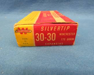 Lot 337. Winchester Silvertip 30-30.&nbsp; 170 grain expanding.&nbsp; Full box of 20 rounds.&nbsp; Box is in very good condition.