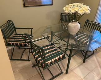 Vintage Hollywood Regency X Form Green Iron Curule Directors Arm Chairs with Glass Table 