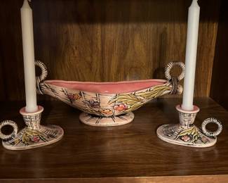 Vintage Hull Pottery Flite Candlesticks and Console Bowl