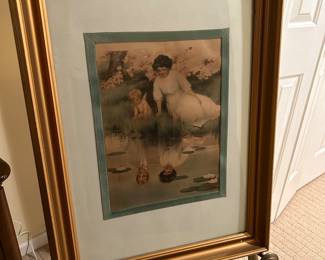 Bessie Pease Gutmann cupids reflection original lithograph print # 602 copyright 1909 has been professionally framed at some point.