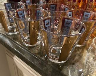 VINTAGE | Georges Briard Double Old Fashioned Glasses | 22K Gold & Blue Bars | Crown Decoration | 12 oz