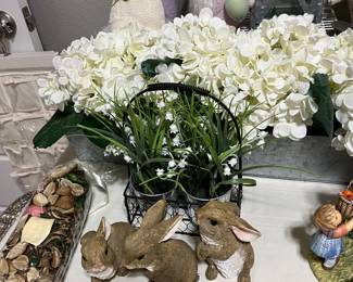 white floral decor and bunnies