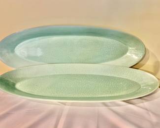 $45 each - 1 LEFT! Cordon Bleu Ancien Celadon Crackle Long Oval Serving Platters - each 23" L, 8.5" W