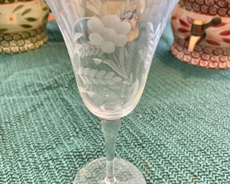 $6 each - 15 available! Etched glass water glass - each 7.75" H, 3.75" diam