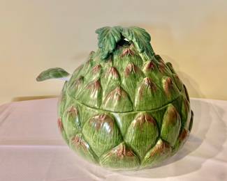 $40 - MADE IN ITALY - ITALIAN ARTICHOKE SOUP TUREEN & LADLE - 9" H, 9.5" diam