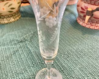 $6 each - 6 available! Etched glass champagne flutes - each 8.5" H, 2.75" diam