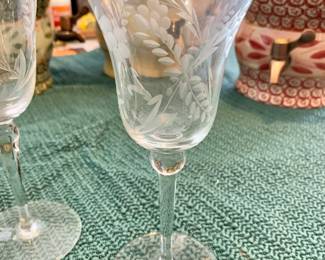 $5 each - 4 available! Etched glass wine glass - each 7.25" H, 3.25" diam