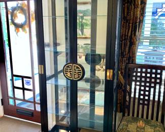 $450 - Chinoiserie Asian Curio Cabinet with Glass Shelves and Lighting - 80" H, 32" W, 15" D