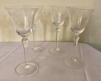 $5 each - Etched glass cordials - each 6.25" H, 2.75" diam