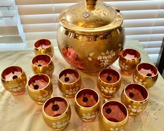 $250 - Bohemia Crystal Ruby Gold Enamel Glass Punch Bowl with 12 cups - Bowl approx 12" H, 9" diam