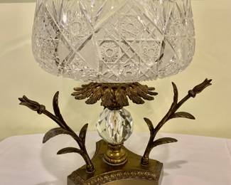 $40 - Vintage Crystal & Brass Hollywood Regency Large Compote Centerpiece Bowl - 14.25" H, 10" diam