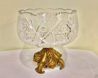 $60 - Vintage Cut Crystal Bowl with Brass Base - 11.25" H, 10" diam
