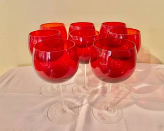 $5 each - 16 available! Large red balloon wine glasses on clear slender stems - each glass 7" H, 3.5" diam