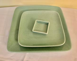 $40 each set - Cordon Bleu Ancien Celadon Crackle serving set - 16 sets available! - large plate 10.25" square