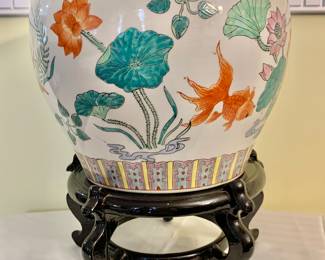 $75 - Decorative fish bowl on stand #1 - bowl: 10.5" H, 12.75" diam, wood stand: 5.5" H, 12" diam