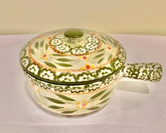 $10 each - 16 available! NEW Temptations Ovenware Soup Crocks by Tara, Old World Green Spongeware, 15 ounces, with Handle, Individual Serving Crocks - each 3.5" H, 5" diam, 7" L