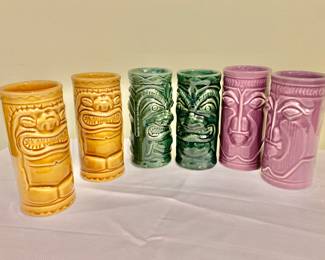 $4 each - Tiki Cocktail Mugs - 4 purple available (far right)! - each 5.5" H, 2.5" diam 9 (YELLOW AND GREEN ARE SOLD) 