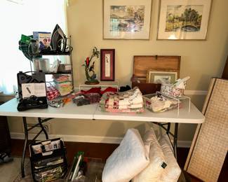Some linens/sewing notions/iron