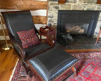 Pair of Leather Chairs and Ottomans~ Bronze Rhino~Rug