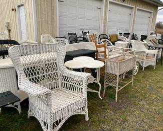 Wicker chairs , rockers, love seats , side tables , stools, planters and lamps. Wood picnic table and benches , 