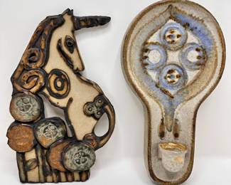 Vintage Hand Made Stoneware Candle Holder From Denmark & Unicorn Wall Hanging
Lot #: 59