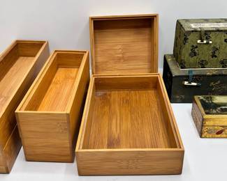 6 Bamboo Boxes From Container Store, 2 Silk Lined Asian Boxes & Hand Paineted Small Box
Lot #: 110