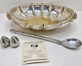 Pewtarex Hand Finished Pewter Large Bowl, Large Serving Spoon, & Salt & Pepper Shakers From Denmark
Lot #: 47