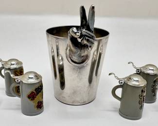 Vintage Napier Bartender's Measuring Cup With Peace Hand & 6 Hand Painted Plastic Mini Beer Steins
Lot #: 56