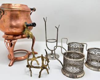 Vintage Copper Kettle On Stand (no Lid), Three Russian Filigree Cup Holders & More
Lot #: 89