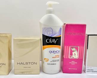 New Halston Perfume & Bath Oil, Paco Rabanne Bath Oil Olay Body Lotion & Vitabath Shower Gelee
Lot #: 82