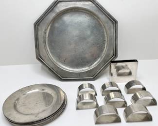 Pewter Handmade Octagonal Platter From Portugal, 8 Small Plates, 8 Napkin Rings Signed Lesch & More
Lot #: 63