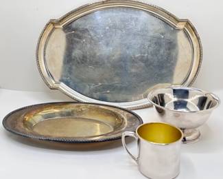 Pair Silverplated Trays, Pewter Paul Revere Style Bowl & Baby Cup
Lot #: 153