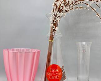 New Krosno Poland Vase, Dansk Carafe With Faux Flowers, Pink Ribbed Vase
Lot #: 113