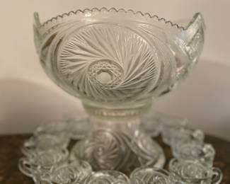 Pattern Glass Punch Bowl with Cups