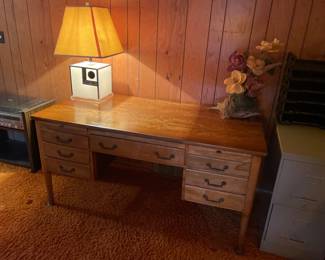 VinyMCM Maple Desk and MCM Lucite Table Lamp