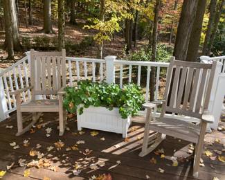 Pair of Teak Rocking Chairs & Rectangular Planter