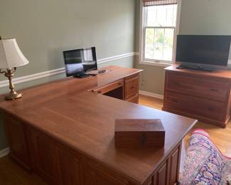 L -Shaped Custom Amish Built Desk, Credenza & Lateral File