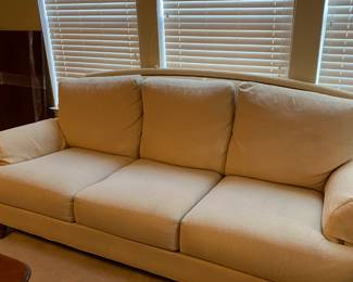 Ethan Allen feathered cushioned sofa in butter cream