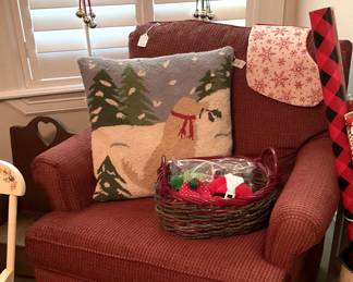 Club chair; decorative Christmas pillow
