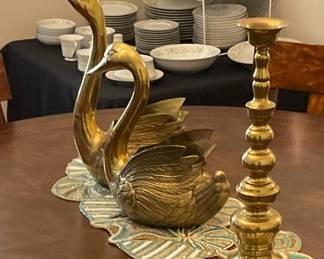 Brass swans and candlestick