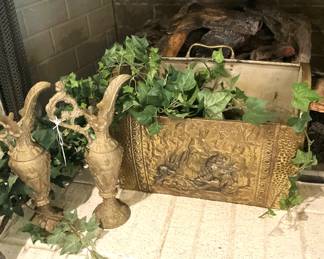 Brass ewers; vintage embossed brass magazine rack