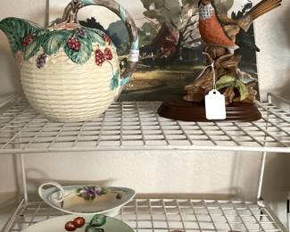 Majolica pitcher; bird; plates