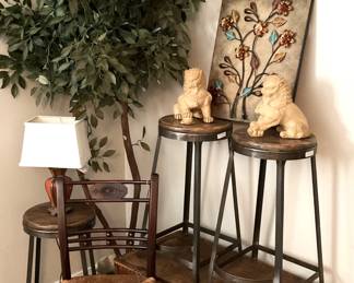 Metal bar stools; old chest