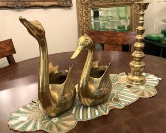 Brass swans and candlestick
