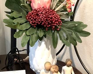 Flower arrangement; Willow Tree carved figures