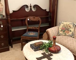 Four poster full bed headboard and footboard; one of two vintage parlor chairs; antique marble top oval coffee table