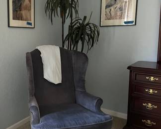 Wingback Side Chair, Silk Tree Plant, Bassett Dresser with Mirror