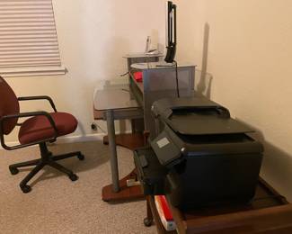 Glass Top Desk, Office Chair, HP Printer, Printer Stand